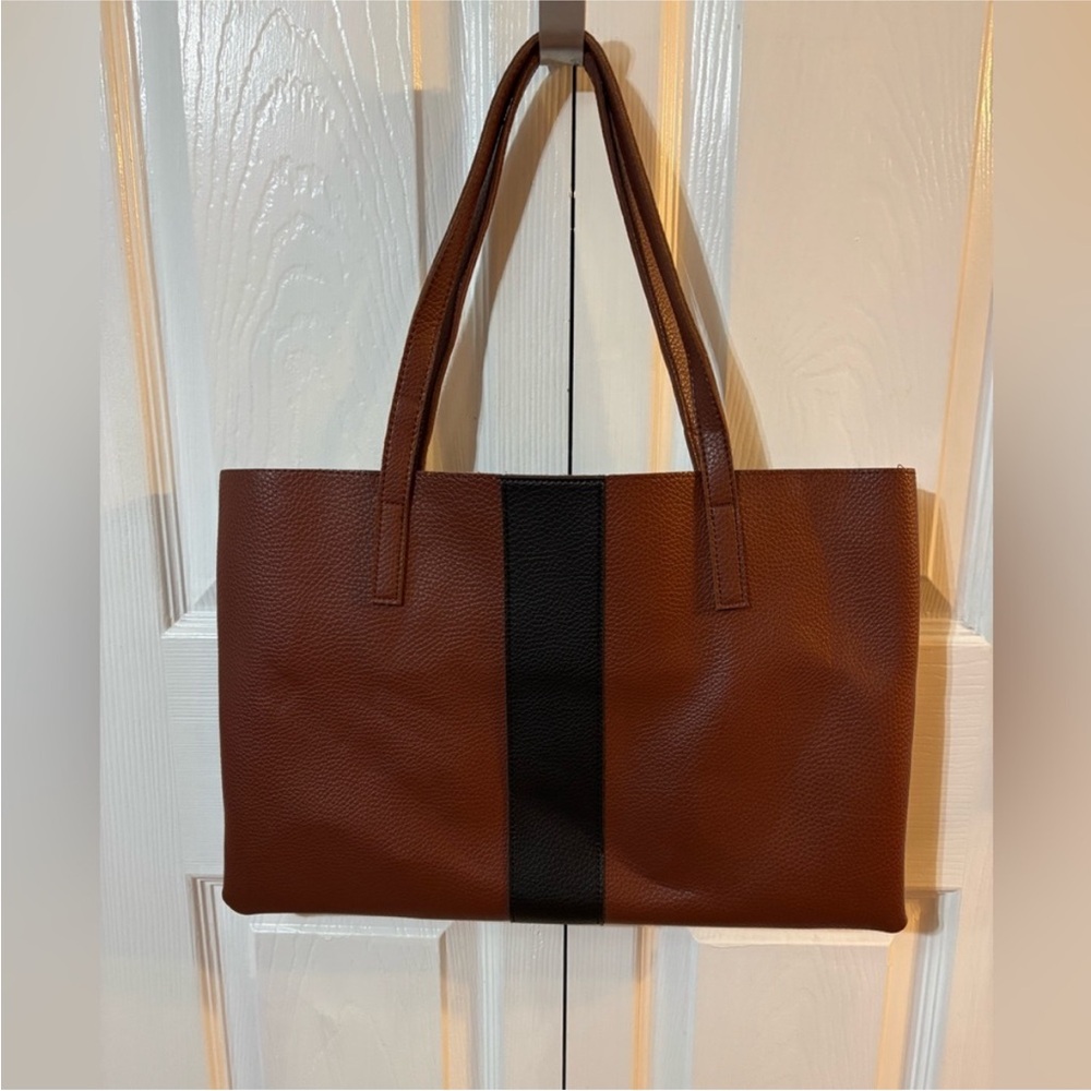 VINCE CAMUTO Pebble All Leather Tote bag Purse Brown/Black - Picture 1 of 9